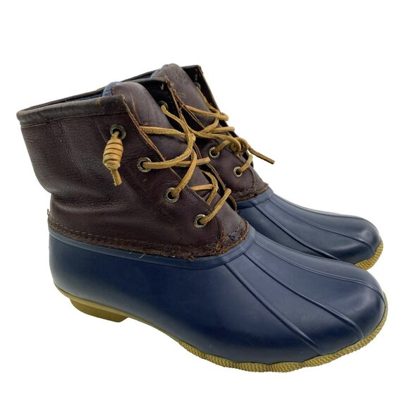 Sperry Boots Womens Size 7 Saltwater Duck Rain Leather Rubber Brown Navy - Picture 1 of 7
